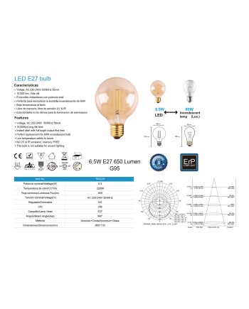 BOMBILLA LED VINTAGE AMBAR  G95 - E27 – 6,5W - 2200K